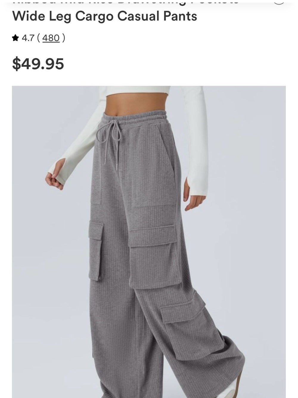 Halara Ribbed Mid Rise Drawstring Pockets Wide Leg Cargo Casual Pants Gray Sz S